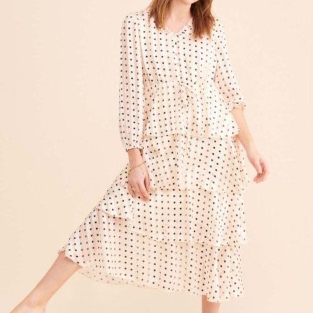 OPT Free People Tiered Dress Ivory Black Polka Dot Metallic Stripe